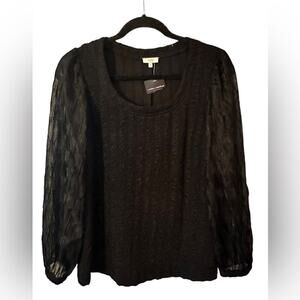 Voy Black Blouse with‎ Sheer Sleeves Size Small NWT Office or Party Perfect